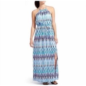 Athleta high neck maxi dress with‎ shelf bra blue ikat print XS